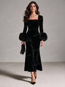 Velvet Faux Fur Cuff Square Neck Midi Dress