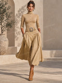 Casual Turtleneck Top & Belted Wide Leg Culotte Pants Set