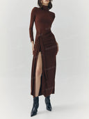 Ruched High Neck Long Sleeve Slit Maxi Dress