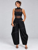 Elegant Sheer Mesh Bodysuit & Wide Leg Pants Two Piece Set