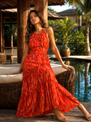 Elegant Halter Neck Abstract Print Tiered Maxi Dress