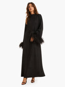 Elegant Feather-Trim Batwing Sleeve Maxi Dress