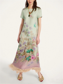 Pastel Floral Print Feather Trim Maxi Dress