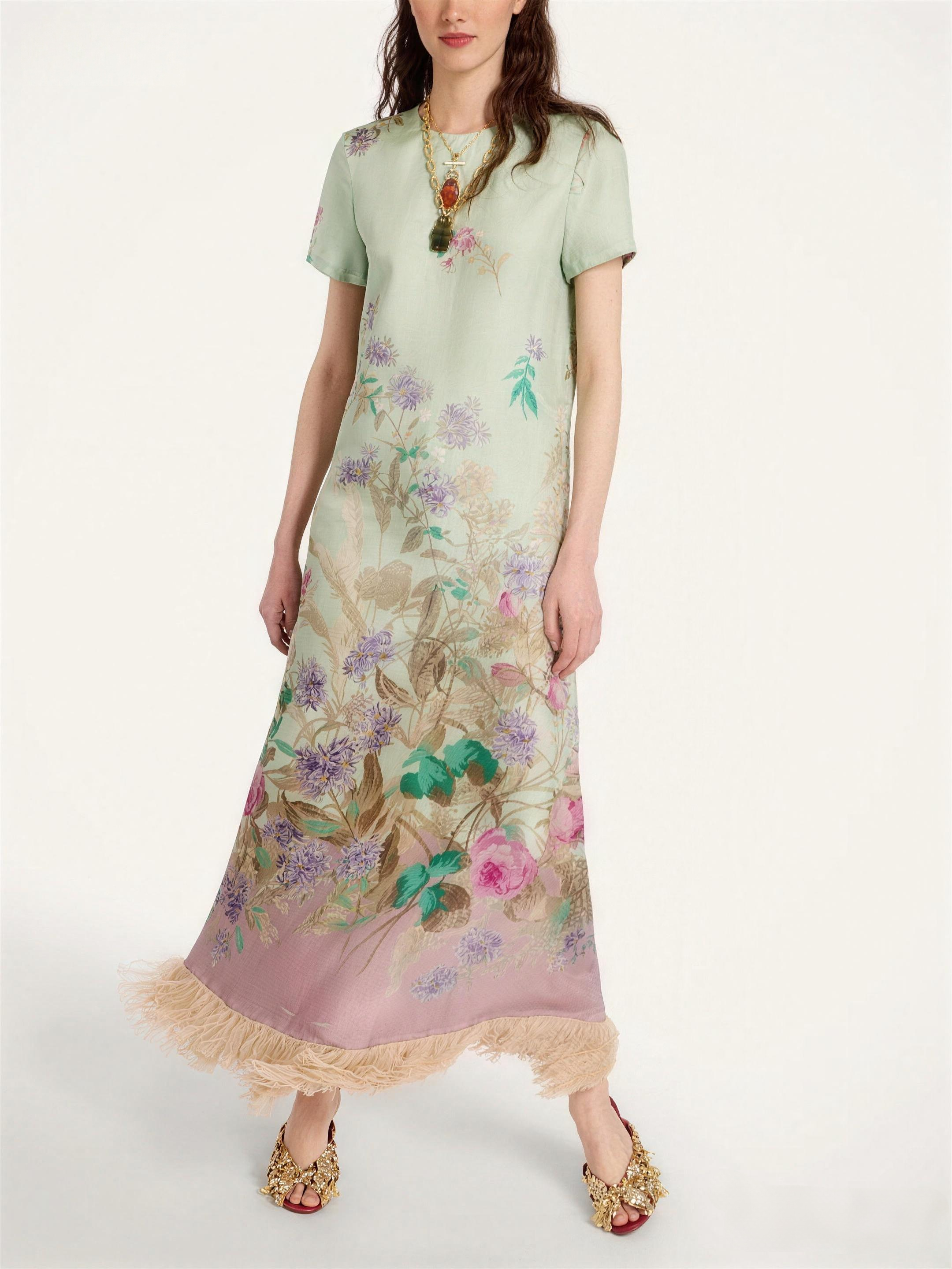 Pastel Floral Print Feather Trim Maxi Dress