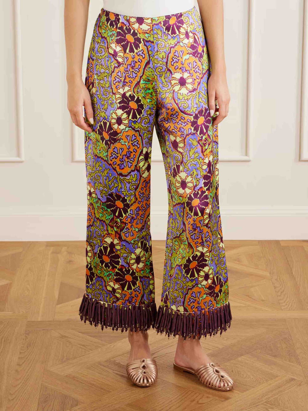 Exquisite Retro Floral Print Tassel Top & Wide-Leg Pants Two-Piece Set