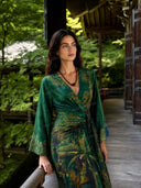 Fashionable Printed Satin Wrap Midi Dress