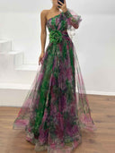 Elegant Floral Print Ruched One-Shoulder Sheer Maxi Dress