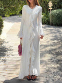 Elegant Ruffle Trim Long Sleeve Maxi Dress