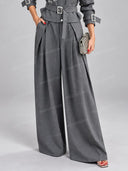 Minimalist Rhinestone Belted Jacket & Wide-Leg Pants Set