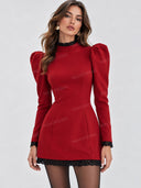 Elegant Puff Sleeve Lace Trim Prom Mini Dress