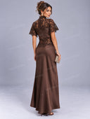 Elegant Lace Satin Panel High Neck Maxi Dress
