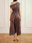 Asymmetric Off‑Shoulder Geometric Print Satin Midi Dress