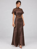 Elegant Lace Satin Panel High Neck Maxi Dress