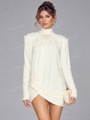 Ruched High Neck Long Sleeve Mini Dress
