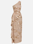 Elegant Floral Sequin One-Shoulder Ruched Maxi Dress