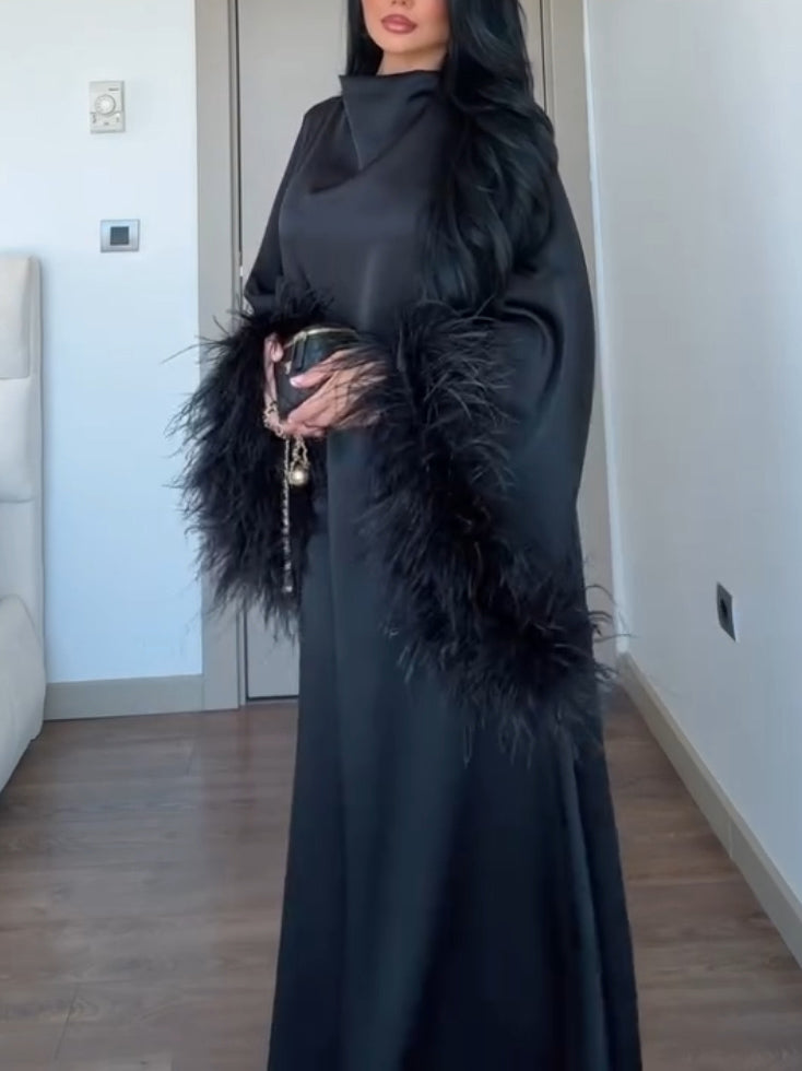 Elegant Feather-Trim Batwing Sleeve Maxi Dress