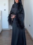 Elegant Feather-Trim Batwing Sleeve Maxi Dress