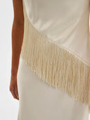 Elegant Beige Satin Fringe Sleeveless Midi Dress