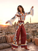 Retro Print Satin Feather Trim Top & Wide-Leg Pants Two-Piece Set