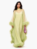 Elegant Feather Trim Sheer Chiffon Cape Maxi Dress