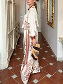 Retro Floral Print Satin Blouse & Wide-Leg Pants Two-Piece Set