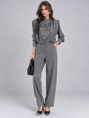 Minimalist Draped High Neck Top & Tailored Straight Leg Pants Set