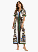 Unique Retro Moroccan Print Belted Linen Midi Dress