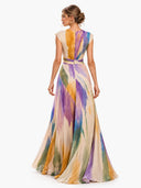 Elegant Abstract Watercolor Print Ruched Waist Maxi Dress