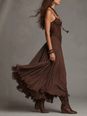 Sexy Lace V-Neck Ruffled Flowy Midi Dress