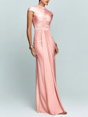 Elegant High-Neck Cap Sleeve Ruched Satin Maxi Dress