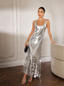 Exquisite Party Tips Sequin Irregular Round Tassels Hem Back Cutout Tank Maxi Dress