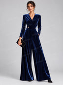 Elegant Velvet Wrap Wide Leg Jumpsuit