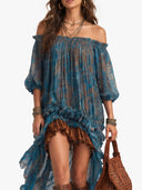 Bohemian Off-Shoulder Ruffled Sheer High-Low Midi Dress