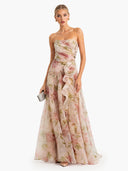 Elegant Strapless Floral Print Chiffon Maxi Dress