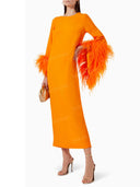 Elegant Feather Cuff Long Sleeve Maxi Dress