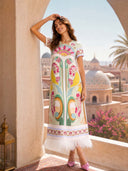 Art Nouveau Floral Feather Hem Midi Dress