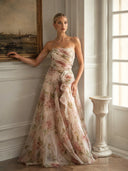 Elegant Strapless Floral Print Chiffon Maxi Dress