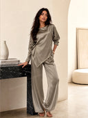 Retro Embroidered Waist Belt Satin Shirt & Harem Pants Set