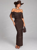 Elegant Off Shoulder Fringe Bodycon Maxi Dress
