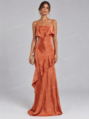 Elegant Satin Ruffle Trim Strapless Maxi Dress