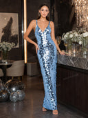 Elegant Sequin V-Neck Strappy Maxi Dress