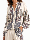 Elegant Paisley Print Zip-Up Shirt & Wide Leg Pants Set