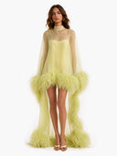Elegant Feather Trim Sheer Chiffon High-Low Mini Dress