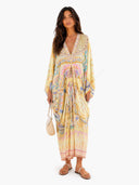 Retro Colorful Floral Print Silk-Feel Kaftan Maxi Dress