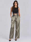 Elegant Satin Cropped Blazer & Striped Wide Leg Pants Set