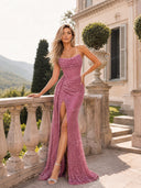 Glamorous Strapless Sequin High Slit Maxi Dress