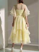 Elegant Emerald Green Sheer Ruffle Midi Dress