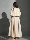 Minimalist Beige Linen Black Piping Midi Dress