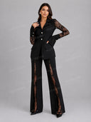 Tailored Lace Panel Blazer & Flare Pants Set