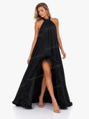 Elegant Halter Neck Sleeveless Feather Trim Satin Maxi Dress